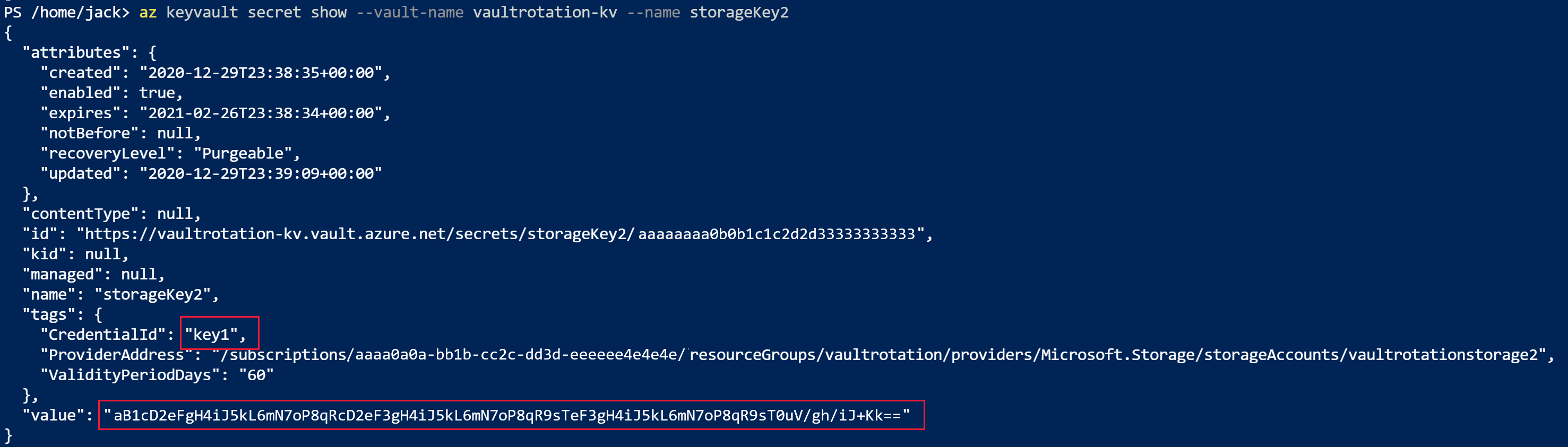 Recorte de pantalla que muestra la salida del comando A Z keyvault secret show para la segunda cuenta de almacenamiento.