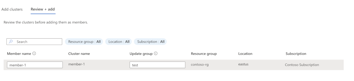 Captura de pantalla de la página de Azure Portal para agregar clústeres de miembros a Azure Kubernetes Fleet Manager y asignarlos a grupos.