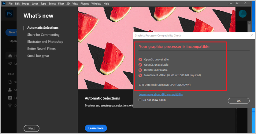 Captura de pantalla de Adobe Creative Cloud que muestra un mensaje de error que indica que el procesador gráfico es imcompatible.