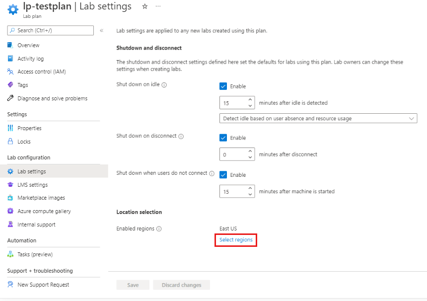 Captura de pantalla que muestra la página Configuración del laboratorio con la opción Seleccionar regiones resaltada.