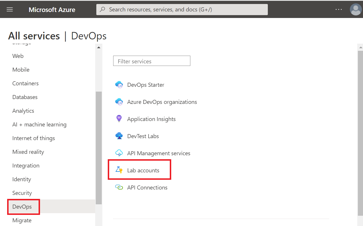 Captura de pantalla de la página Todos los servicios en Azure Portal. Las categorías Dev Ops y Elementos de laboratorios de DevTest están resaltadas.