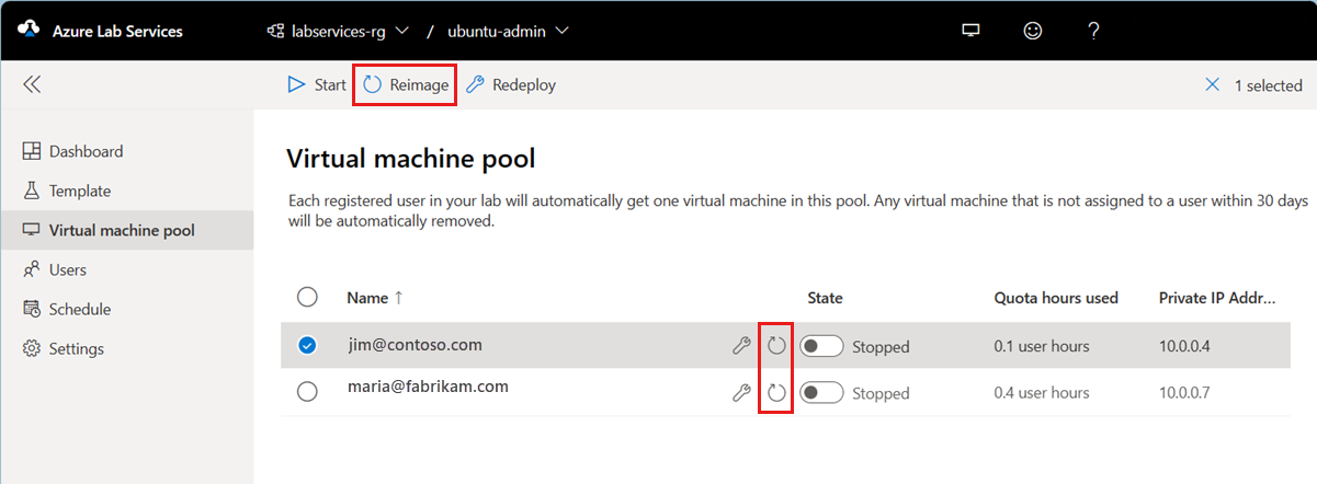 Screenshot of virtual machine pool. Reimage button is highlighted.