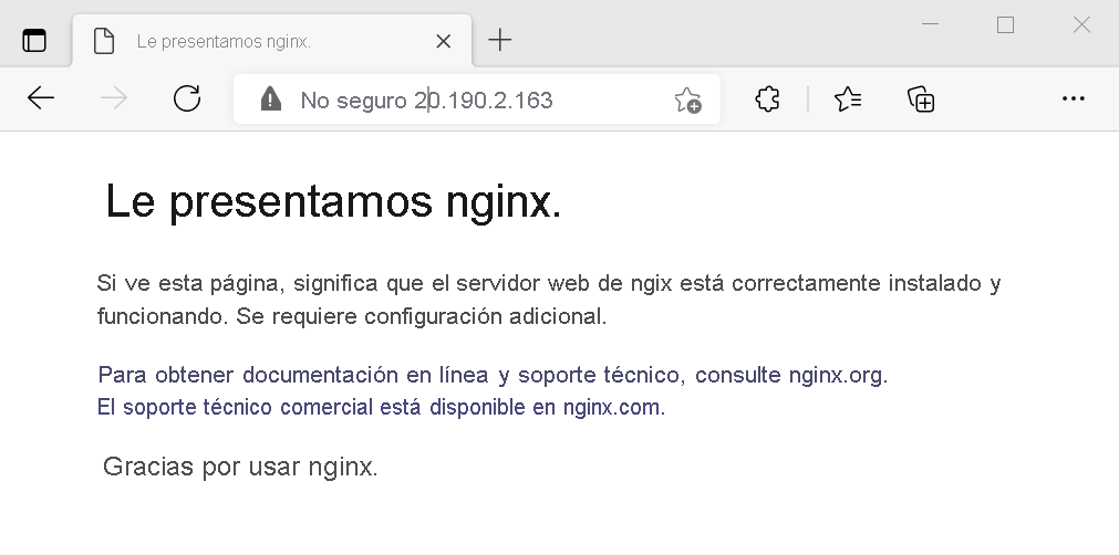 Captura de pantalla de la prueba del servidor web NGINX.