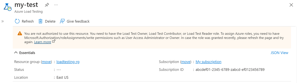 Captura de pantalla que muestra un mensaje de error en Azure Portal que no está autorizado para usar el recurso de Azure Load Testing.