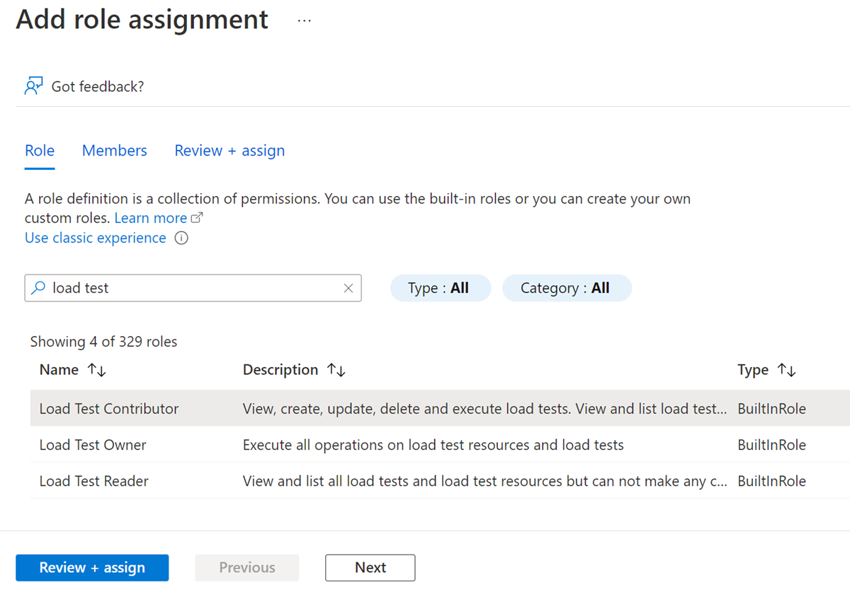 Screenshot that shows the role assignment screen.