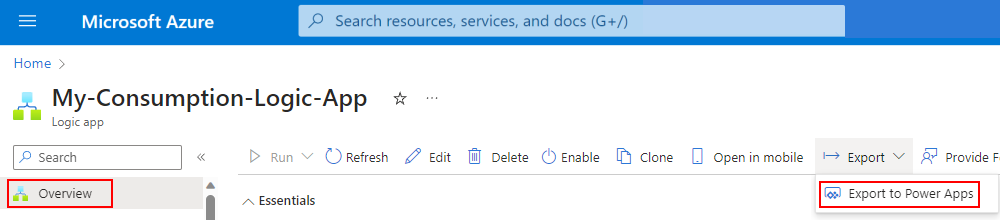 Screenshot shows Azure portal and Overview toolbar with Export button selected.