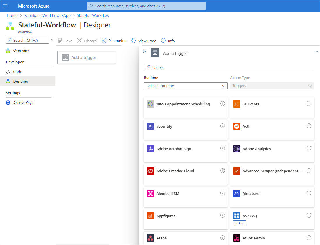 Captura de pantalla que muestra el diseñador de flujos de trabajo y un flujo de trabajo en blanco.