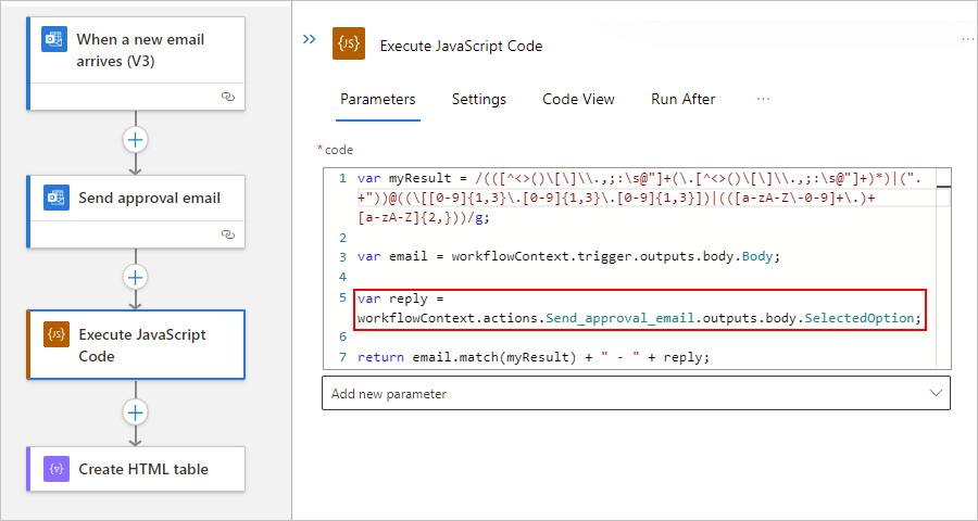 Captura de pantalla que muestra el flujo de trabajo estándar y la acción Ejecutar código JavaScript con el fragmento de código de ejemplo actualizado.