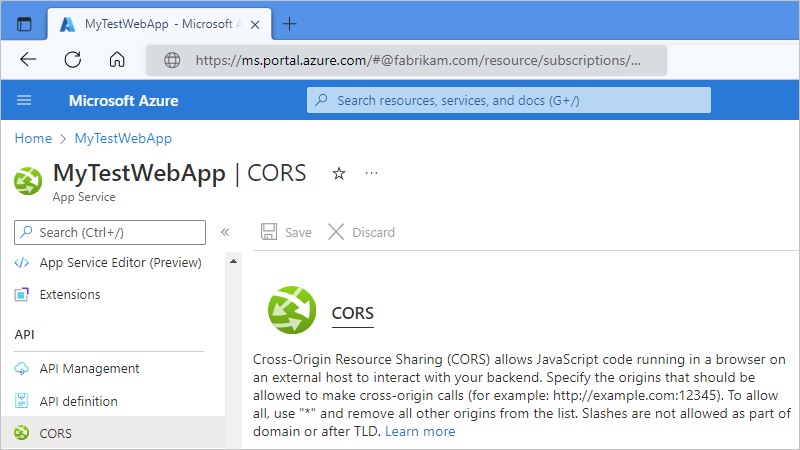 Captura de pantalla que muestra el panel de aplicación web de «CORS» con «Orígenes permitidos» «*», que los permite todos.