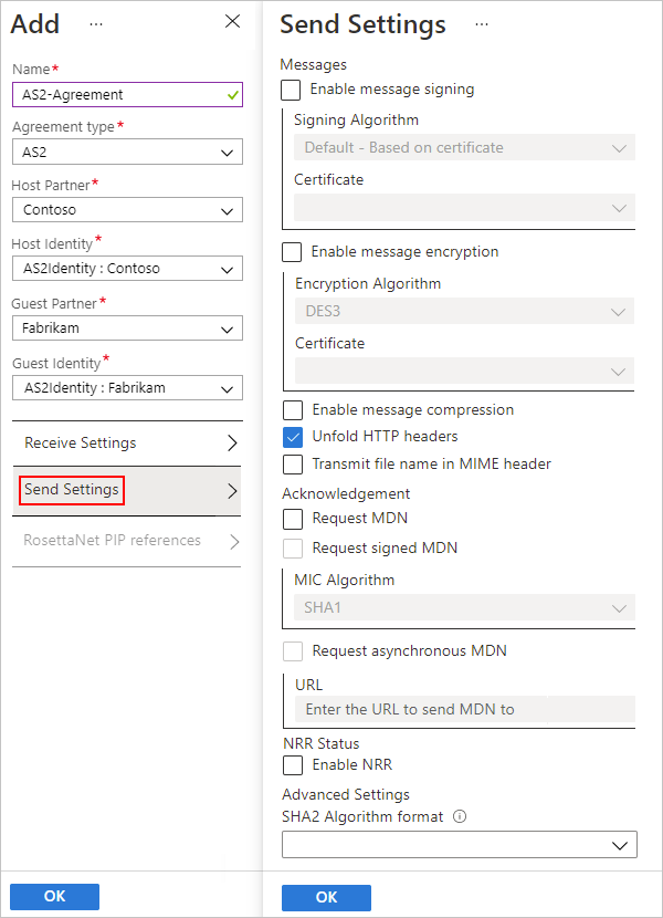 Captura de pantalla que muestra la configuración del contrato en Azure Portal y AS2 para mensajes salientes.