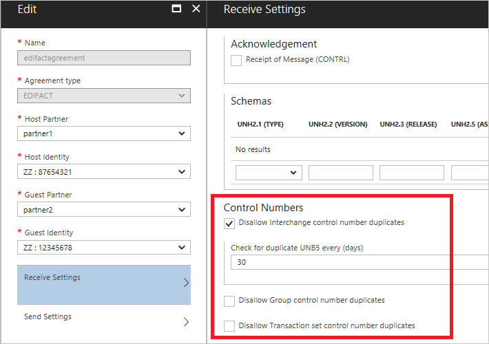 Captura de pantalla que muestra la configuración de comprobación duplicada en la configuración de recepción del contrato EDIFACT.