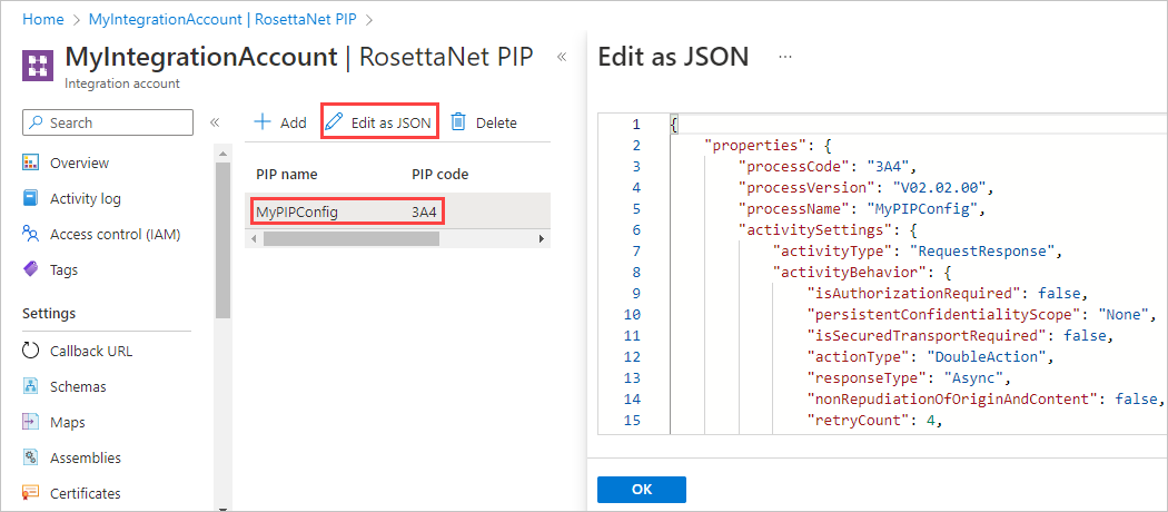 Captura de pantalla de la página RosettaNet PIP, con Editar como JSON y un PIP seleccionado. En Editar como JSON se ven las propiedades PIP codificadas.