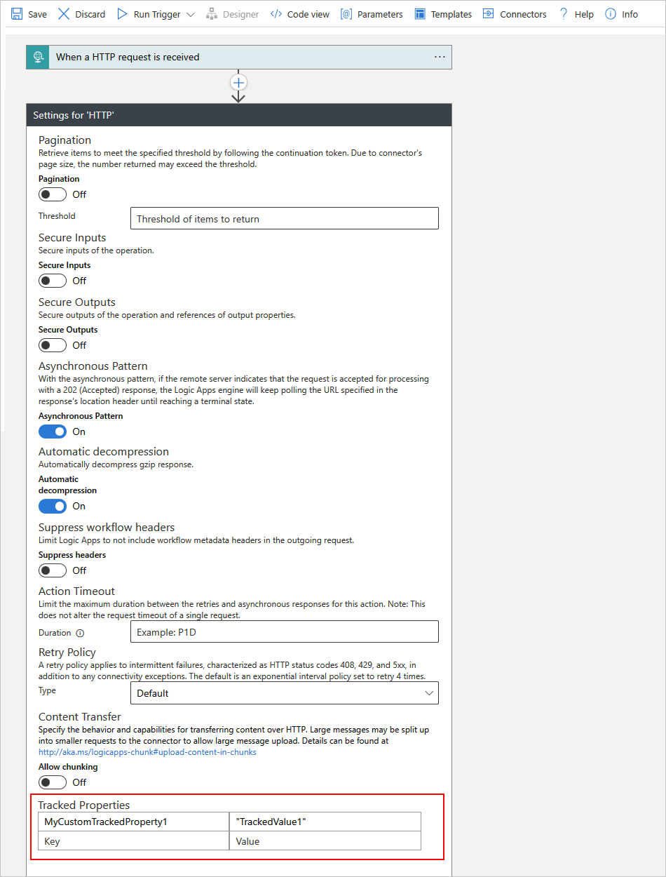 Captura de pantalla en la que se muestran Azure Portal, el diseñador para flujo de trabajo de consumo y la acción HTTP con propiedades de seguimiento.