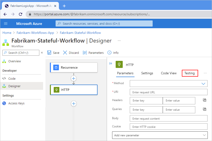 Captura de pantalla que muestra Azure Portal, el diseñador de flujos de trabajo, el panel de detalles de acción y la opción 