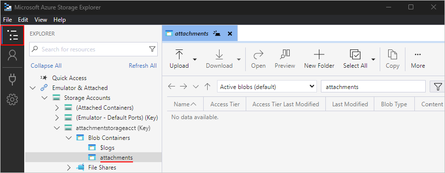 Captura de pantalla que muestra el Explorador de Azure Storage: búsqueda del contenedor de almacenamiento.