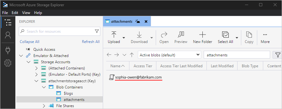 Captura de pantalla que muestra el Explorador de Azure Storage solo con el correo electrónico guardado.
