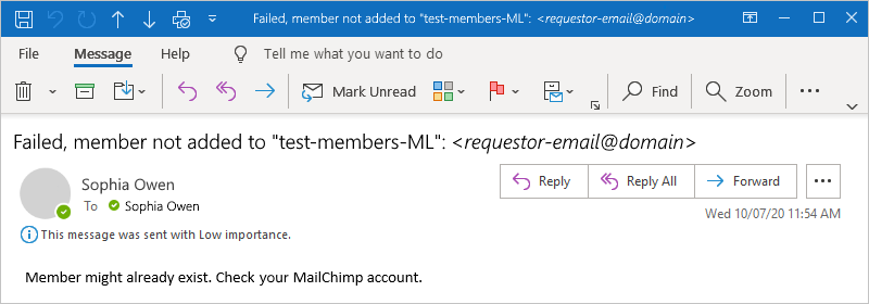 Captura de pantalla que muestra el correo electrónico de ejemplo para una suscripción que no se ha realizado correctamente.
