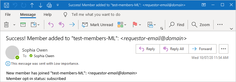 Captura de pantalla que muestra el correo electrónico de ejemplo para una suscripción correcta.