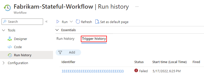 Screenshot muestra Azure portal, flujo de trabajo estándar e información general con la pestaña seleccionada denominada Historial de desencadenadores.