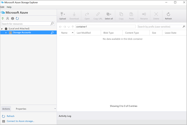 Captura de pantalla del Explorador de Azure Storage con acceso a una cuenta de almacenamiento
