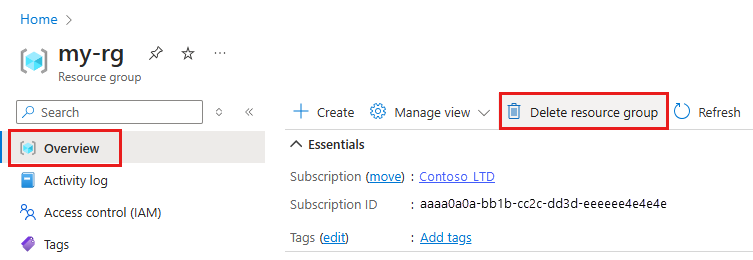 Captura de pantalla de las selecciones para eliminar un grupo de recursos en Azure Portal.