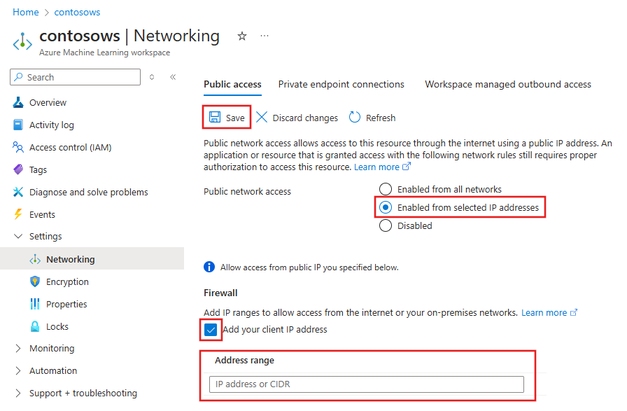 Captura de pantalla de la interfaz de usuario para habilitar el acceso desde intervalos IP de Internet.