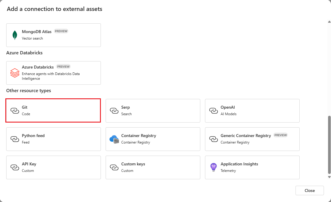 Captura de pantalla que resalta la opción para conectarse a un repositorio de Git en la interfaz de usuario de Azure Machine Learning Studio.