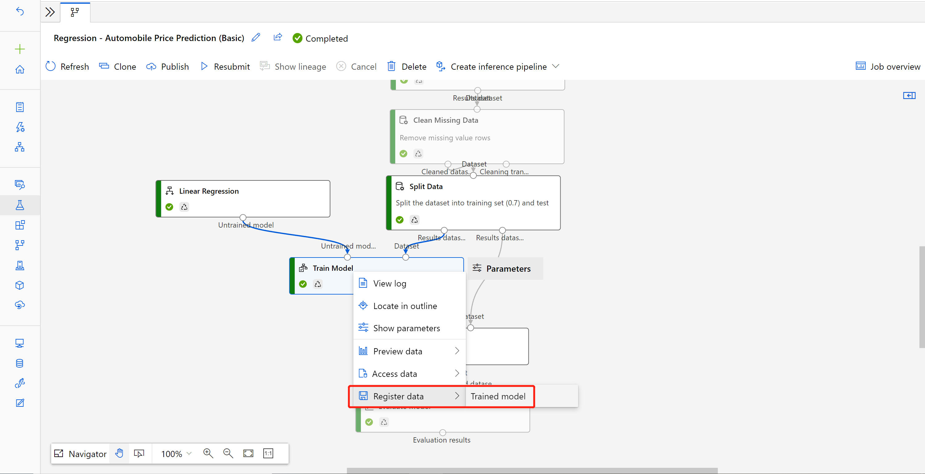Captura de pantalla de las opciones del componente del modelo de entrenamiento con Registro de datos resaltado.