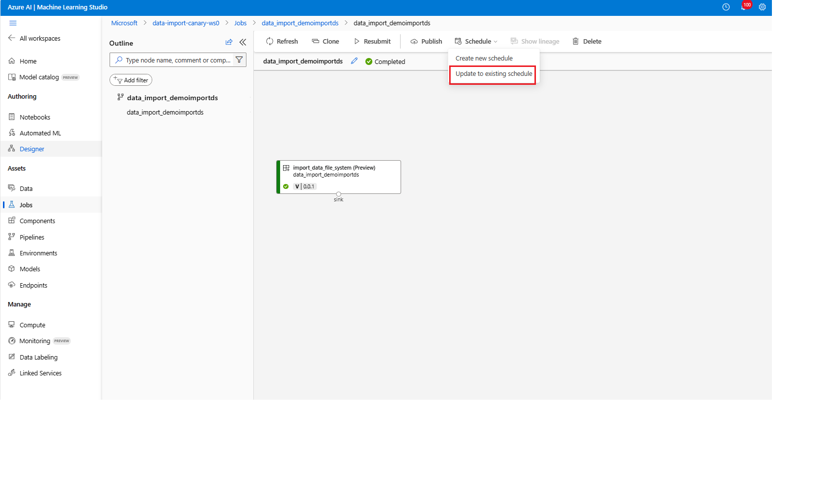 Captura de pantalla de la pestaña de trabajos con el botón Schedule seleccionado que muestra el botón para crear y actualizar a la programación existente.