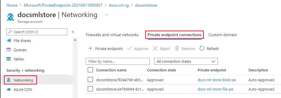 Captura de pantalla de puntos de conexión privados de almacenamiento