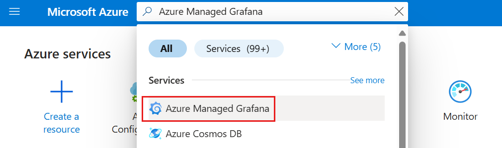 Captura de pantalla de la plataforma Azure. Buscar Azure Managed Grafana en el marketplace.