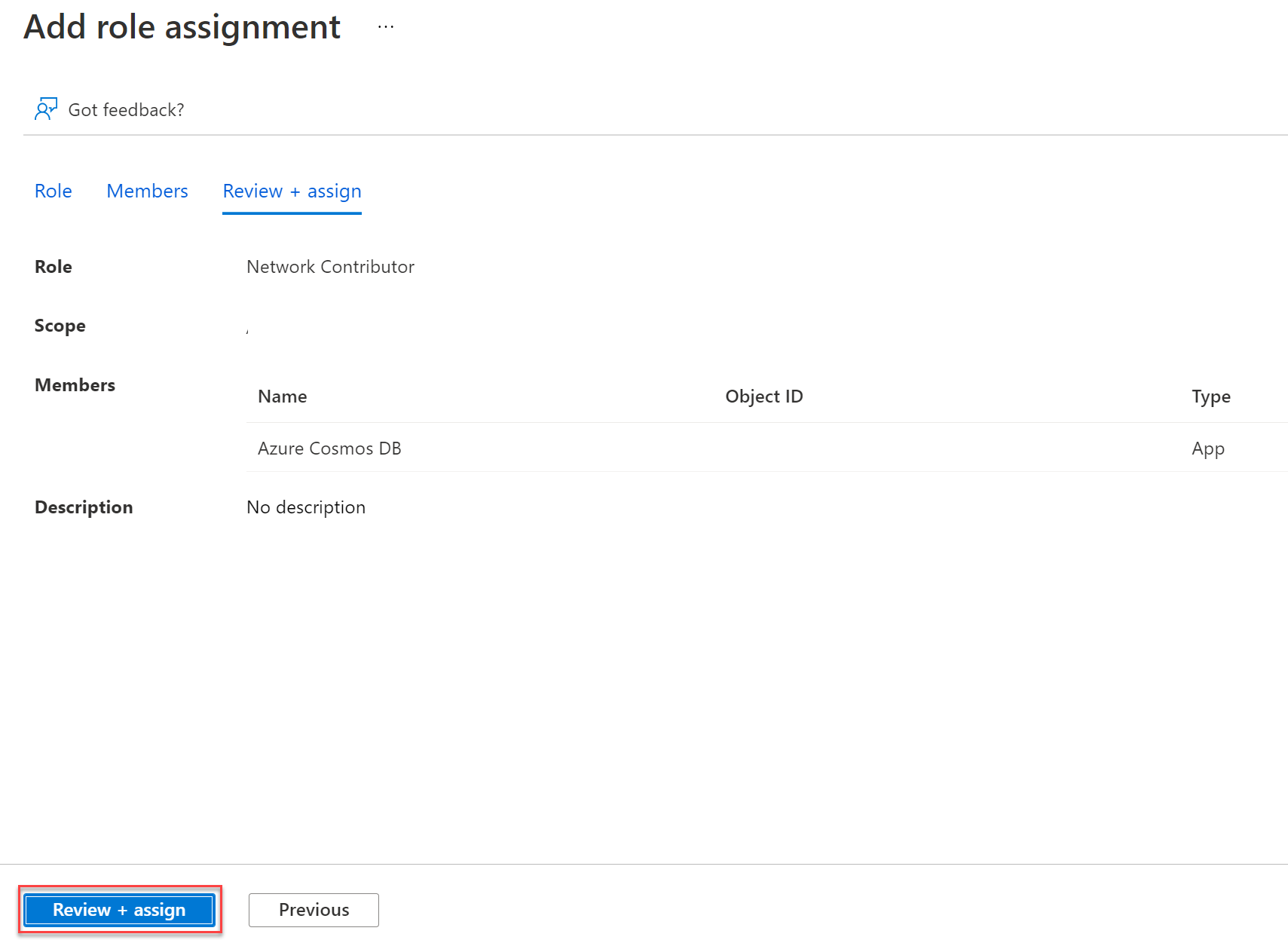 Captura de pantalla que muestra Revisar y asignar.