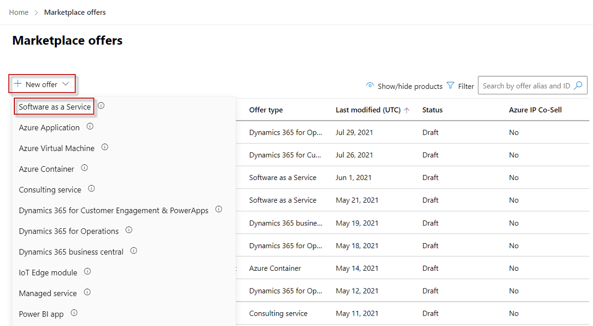 Captura de pantalla que muestra la opción Oferta de SaaS en la lista Nueva oferta.