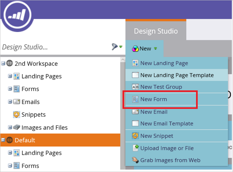Captura de pantalla en la que se muestra marketo Design Studio new form (Nuevo formulario de Marketo Design Studio).
