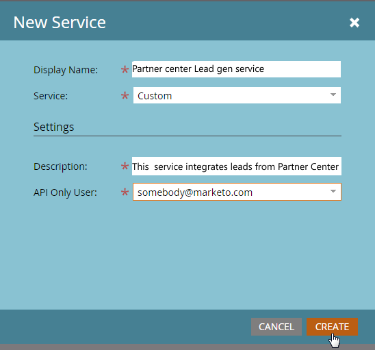 Captura de pantalla que muestra el formulario de nuevo servicio de Marketo API