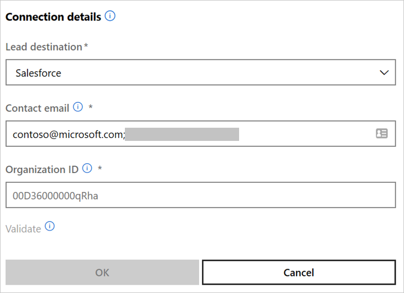 Connection details pop-up window Validate Contact email box.