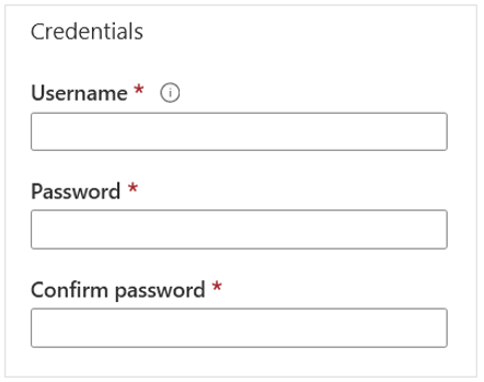 Captura de pantalla que muestra los campos de credenciales de Active Directory donde aparecen el nombre de usuario, contraseña y el campo de confirmación de contraseña.