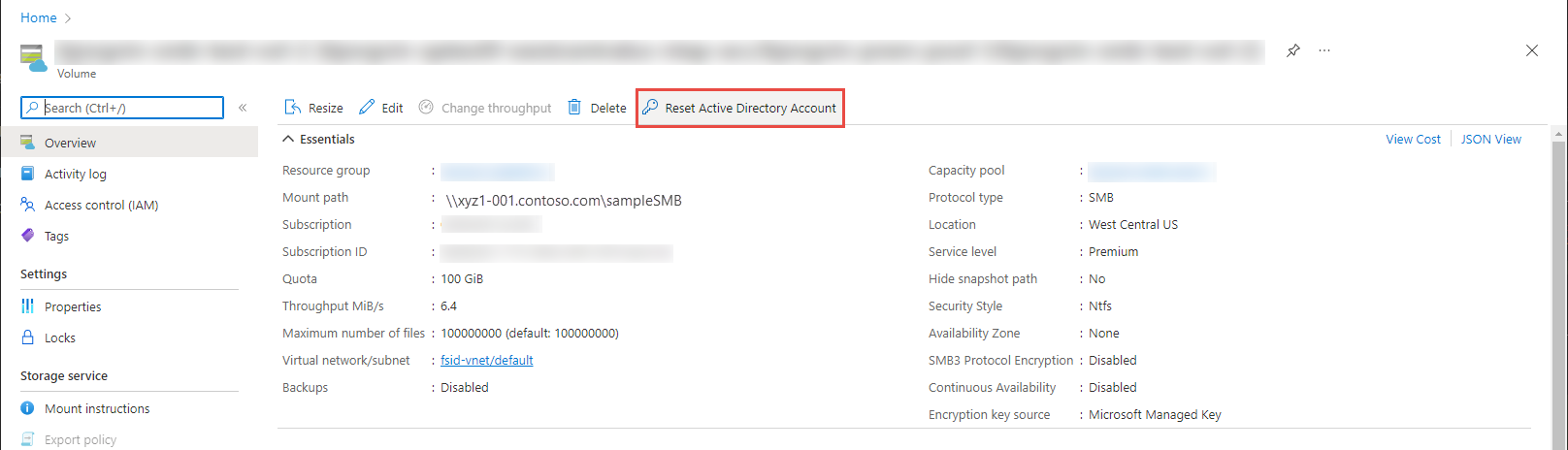 Interfaz de información general del volumen de Azure con el botón de restablecer la cuenta de Active Directory resaltado.
