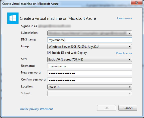 cuadro de diálogo Crear máquina virtual en Azure