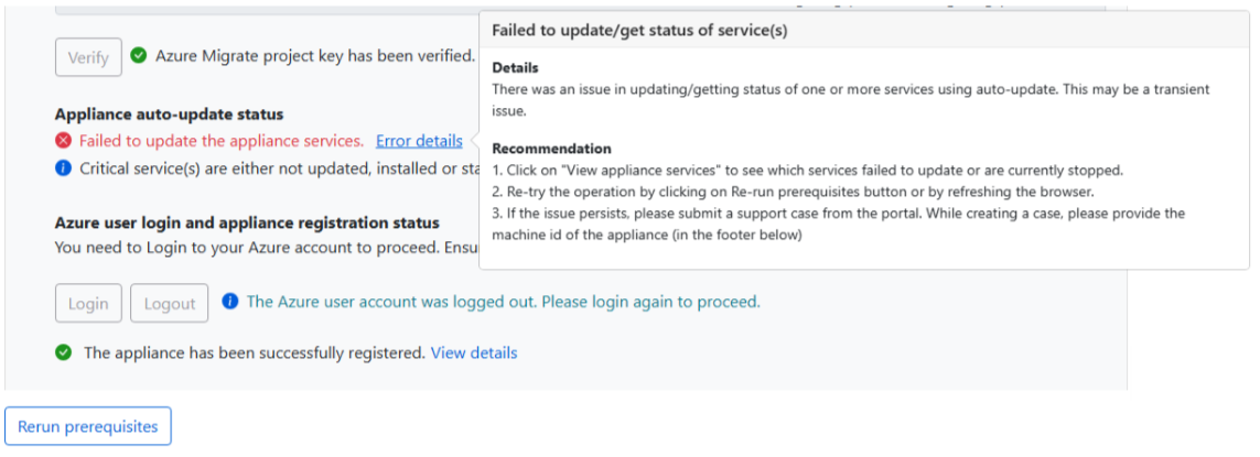 Captura de pantalla del error del proceso de actualización automática.