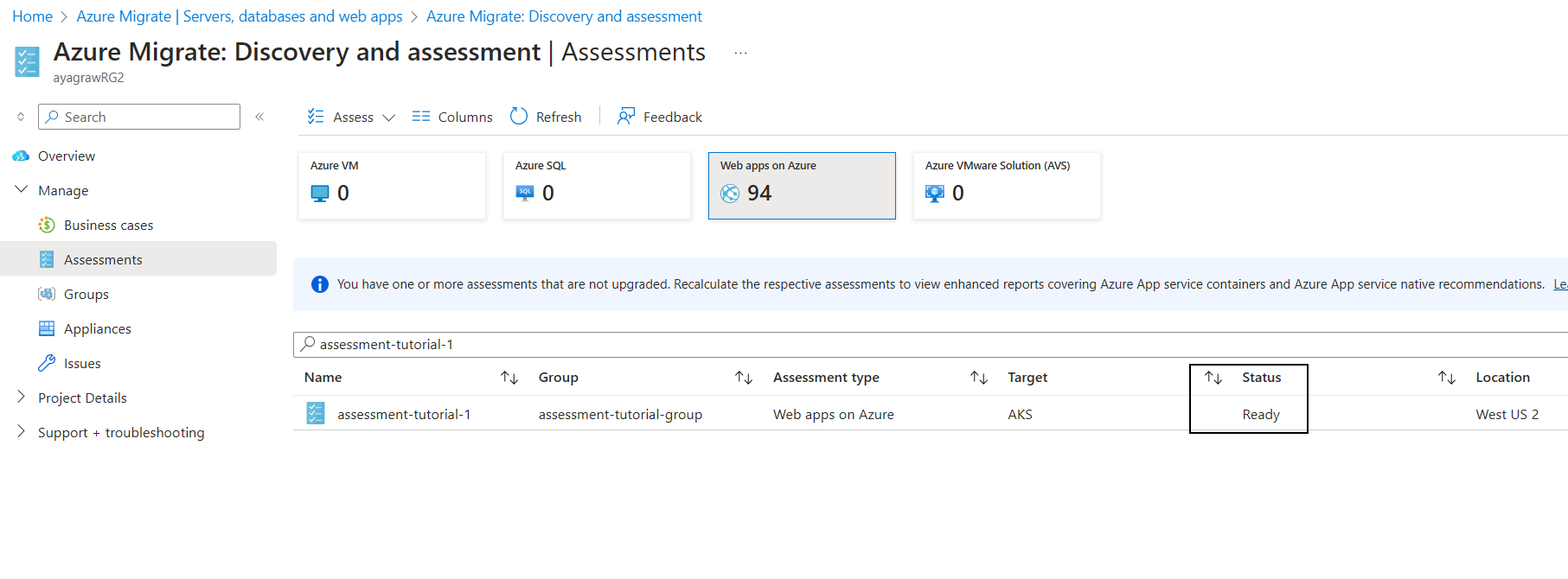 Captura de pantalla del filtrado de la evaluación creada.