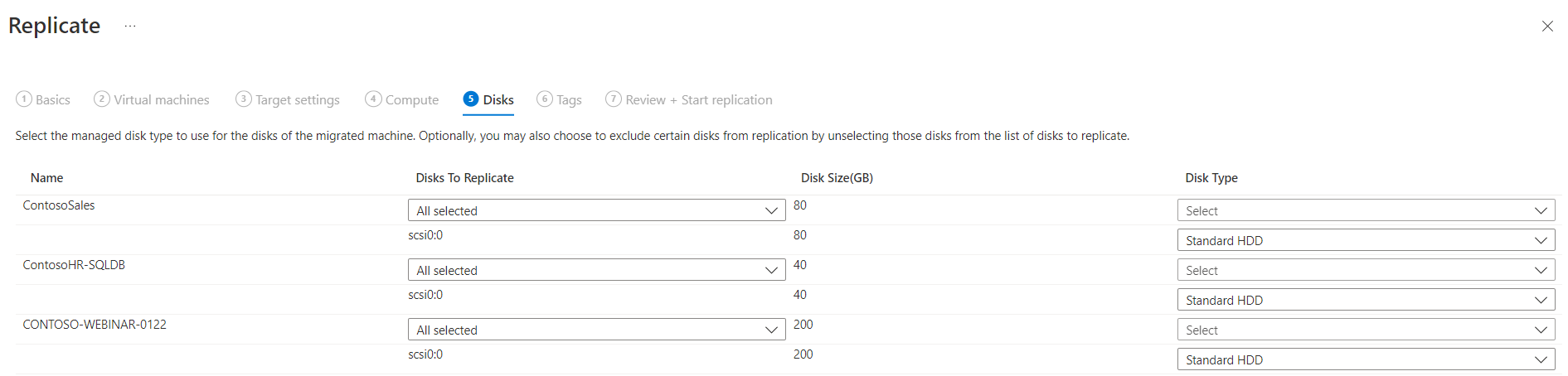 Screenshot that shows the Disks tab in the Replicate dialog.