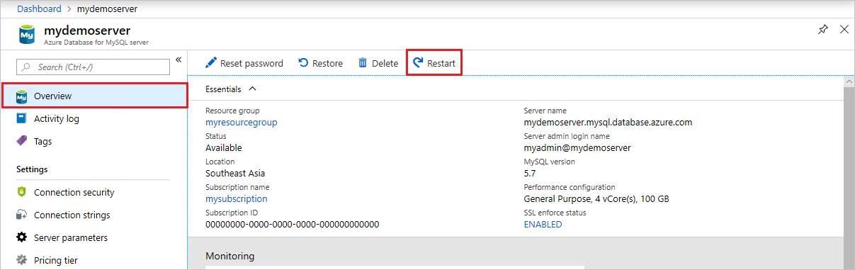 Azure Database for MySQL - Información general - Botón Reiniciar