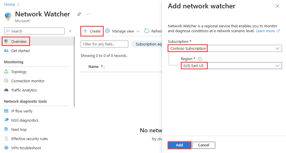 Captura de pantalla en la que se muestra cómo crear una instancia de Network Watcher en Azure Portal.
