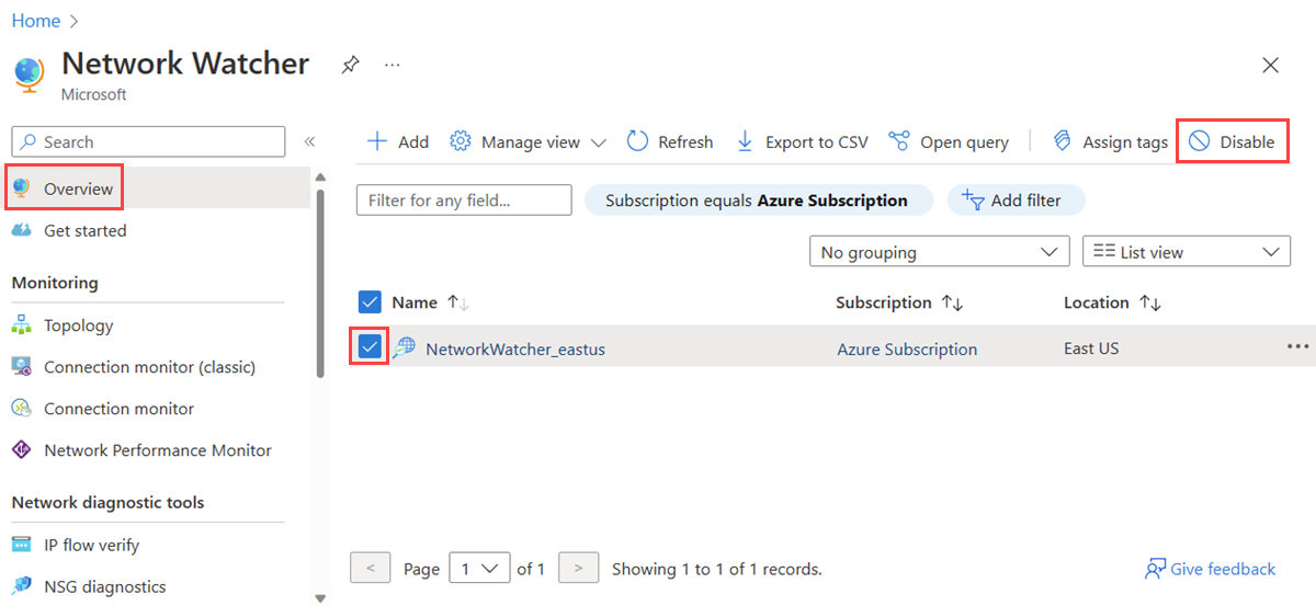 Captura de pantalla en la que se muestra cómo eliminar una instancia de Network Watcher en Azure Portal.