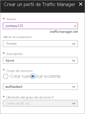 Captura de pantalla de la creación de un perfil de Traffic Manager.
