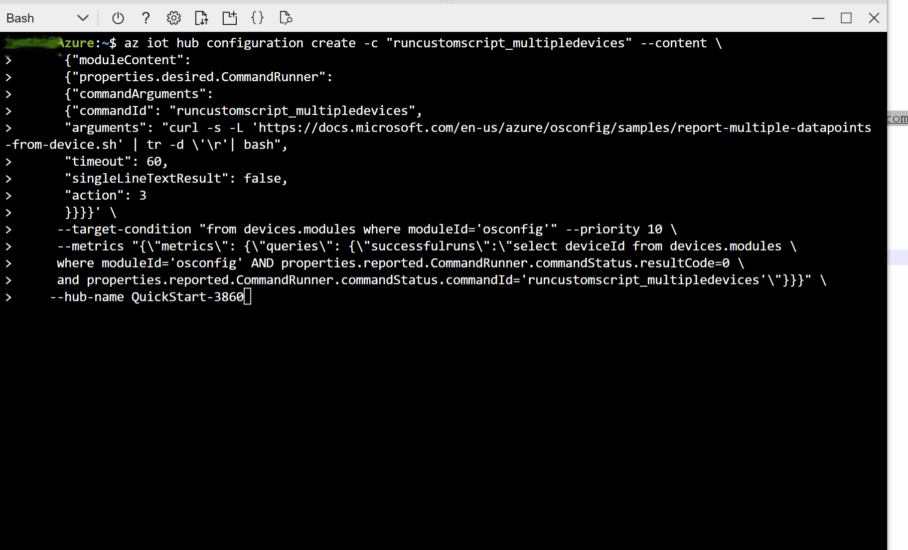 Captura de pantalla que muestra cómo crear una configuración para descargar y ejecutar un script personalizado en una flota de dispositivos mediante Bash