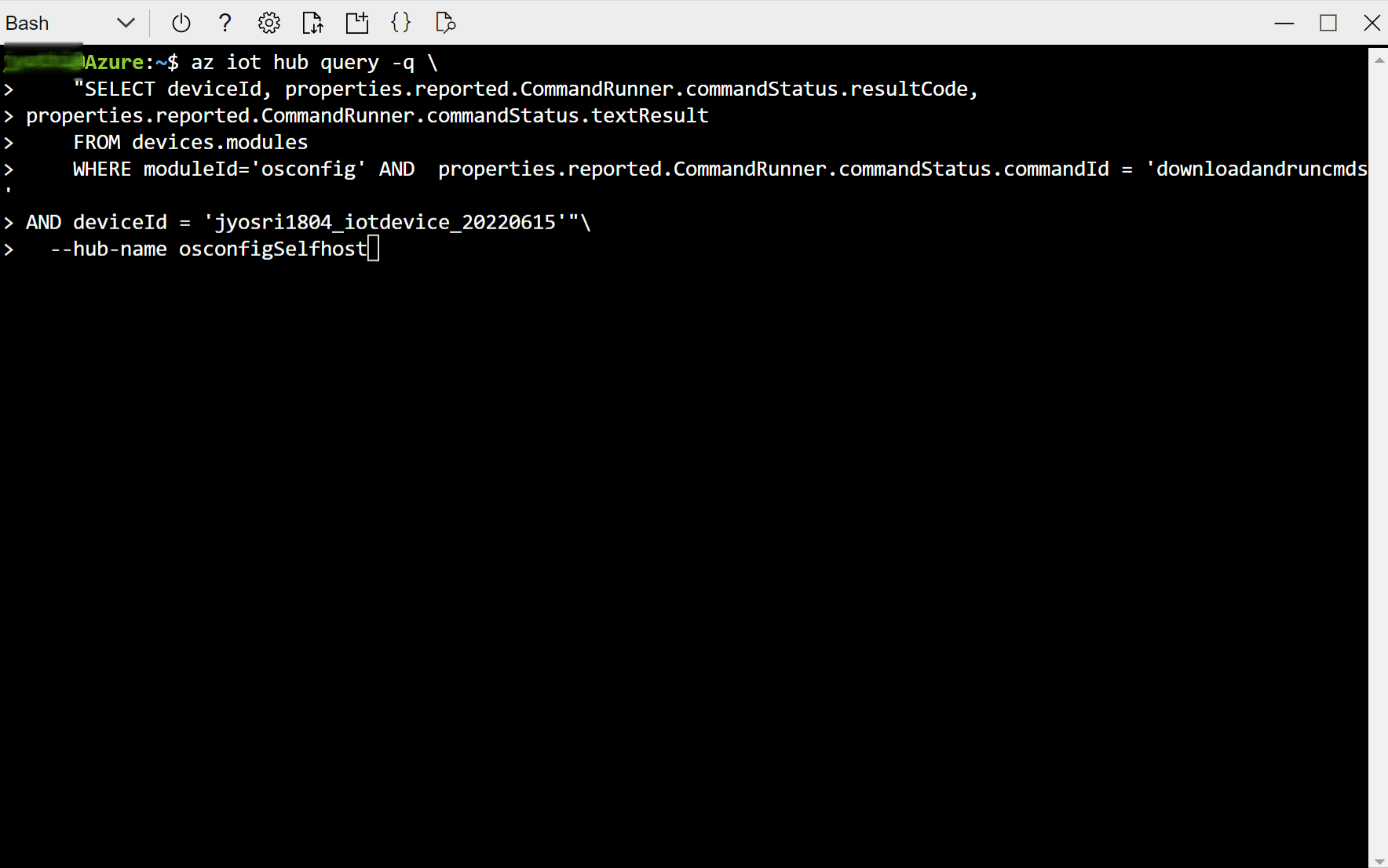 Captura de pantalla que muestra cómo obtener los resultados de una ejecución de script personalizado en un único dispositivo mediante Bash