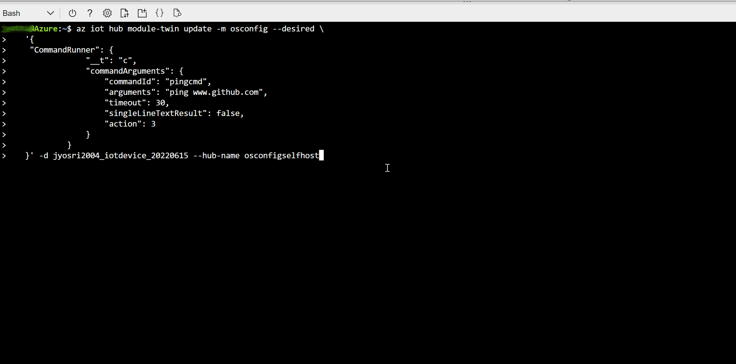 Captura de pantalla que muestra cómo actualizar el gemelo OSConfig para ejecutar un comando ping en un único dispositivo mediante Bash.