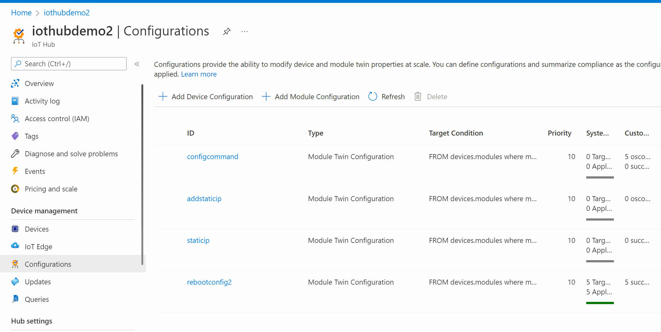 Captura de pantalla que muestra la creación de una configuración desde Azure Portal para reiniciar una flota de dispositivos